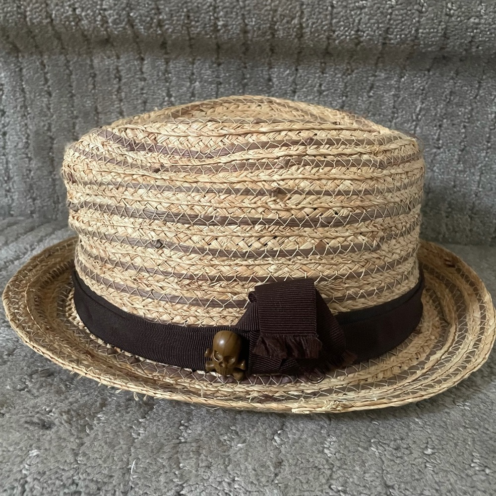 Headers Straw Fedora Hat Wooden Skull Detail O/S